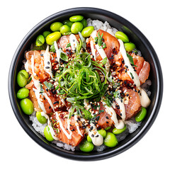 Fresh salmon poke bowl with avocado edamame sushi rice green