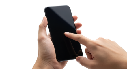 Person's hands holding and touching a smartphone screen isolated on a transparent background finger mobile phone
