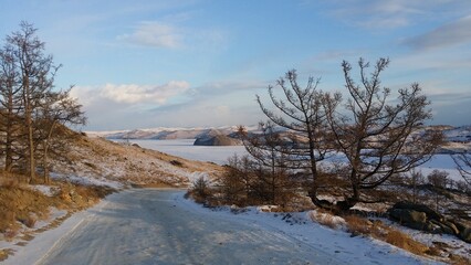 Sunset Winter Road to Frozen Lake Baikal Landscape