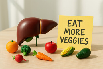Motivational educational health concept showing liver model with miniature fruit and vegetable. note message encourages healthy diet and good nutrition for medical wellness