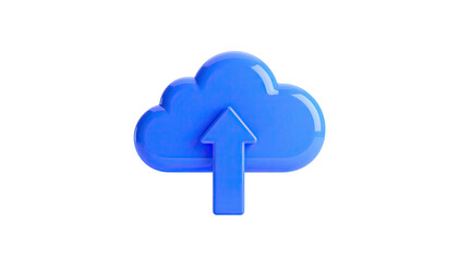 A shiny blue cloud icon with an upward arrow on a black background