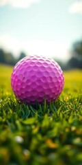 A chic pink golf ball rests on a verdant course, club poised behind,  fresh,  chic