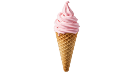 Pink soft serve ice cream swirl in a waffle cone isolated on a transparent background dessert