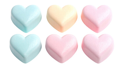 Fototapeta premium Close-up of six heart-shaped candies in pastel colors against a black background, perfect for Valentine's Day