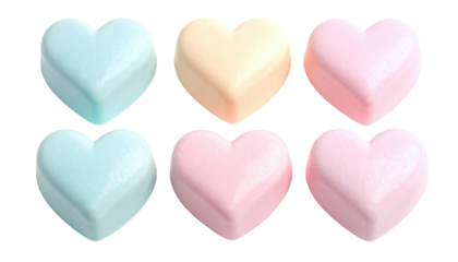 Close-up of six heart-shaped candies in pastel colors against a black background, perfect for Valentine's Day