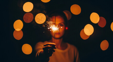 Young woman holding a sparkler with bokeh lights in the background