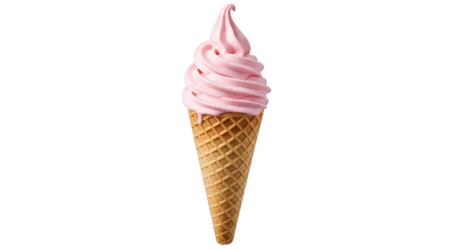Pink soft serve ice cream swirl in a waffle cone isolated on a transparent background dessert