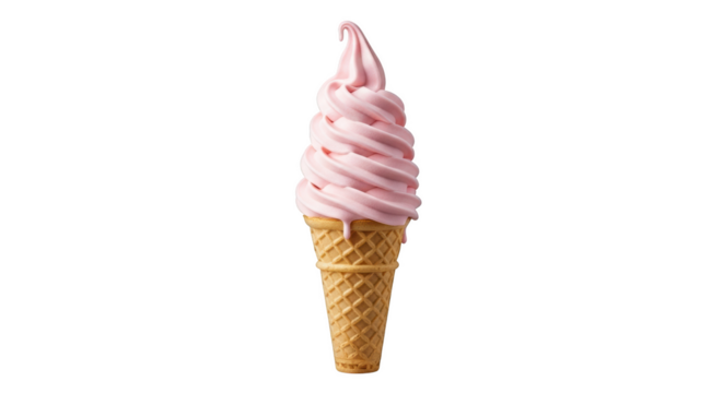 Pink soft serve ice cream swirl in a waffle cone with drips isolated on a transparent background strawberry - Powered by Adobe