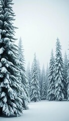 Snow-covered evergreen trees standing tall in a silent, white forest,  landscape,  peaceful