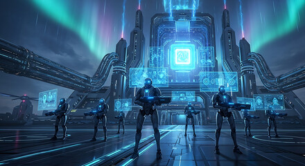 Futuristic soldiers stand guard before a high-tech structure under a vibrant aurora borealis.