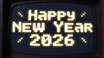 Happy New Year 2026 Message on Retro CRT Television Screen Glitch Effect - Powered by Adobe