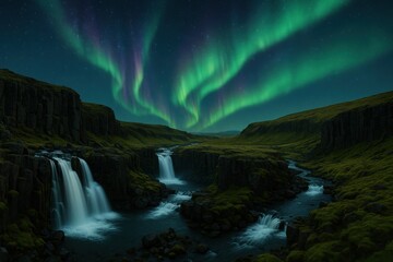 Northern lights over basalt canyon waterfalls at night — long exposure panoramic landscape