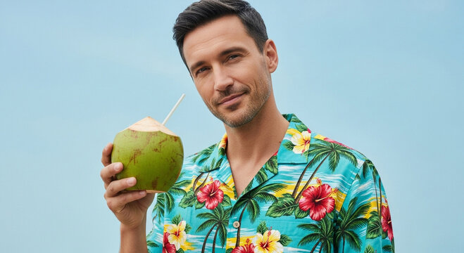 Man enjoying a coconut drink on a tropical vacation