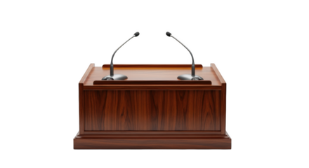 Polished wooden podium with two microphones on a background isolated on a transparent background lectern