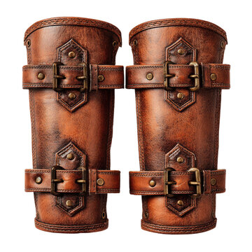 Brown leather arm bracers with metal buckles