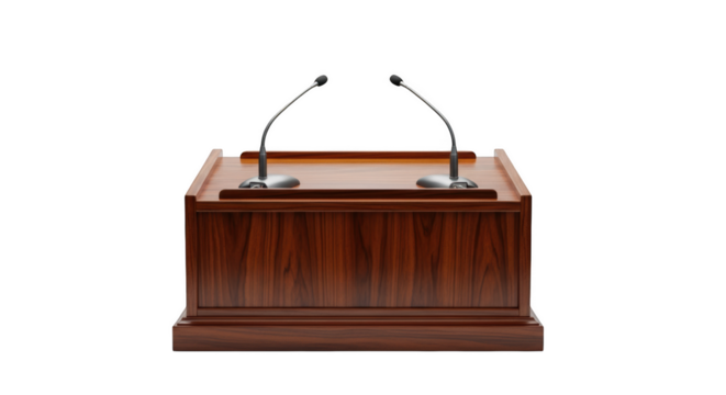 Polished wooden podium with two microphones on a background isolated on a transparent background lectern