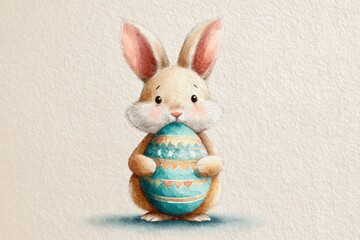 watercolor illustration of bunny holding decorated pastel egg, cream background 