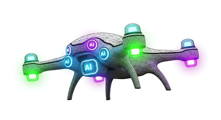 A futuristic drone design with glowing lights and AI integration, isolated on white.