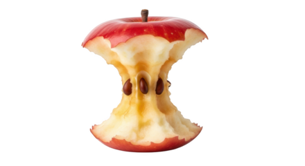 Red apple core with visible seeds and stem on background isolated on a transparent background fruit food