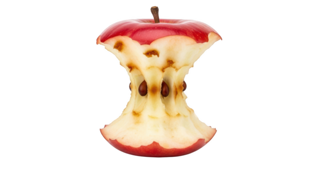 Red apple core with visible seeds and stem against a background isolated on a transparent background