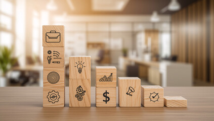 Visualize your business growth journey success with these iconic symbols representing strategy, ideas, finance, and progress