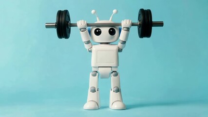 Strong robot lifting weights against a blue background showcasing artificial intelligence and fitness with a futuristic design and robotic strength for technology and innovation concepts - Powered by Adobe