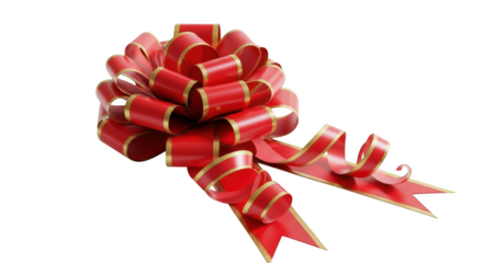 Red gift bow with gold trim and flowing ribbons isolated on a transparent background image