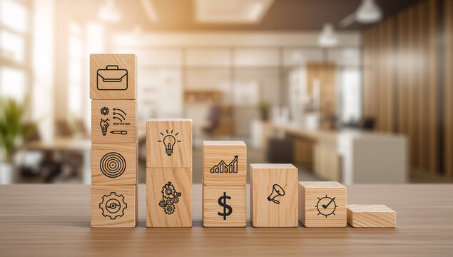 Visualize your business growth journey success with these iconic symbols representing strategy, ideas, finance, and progress