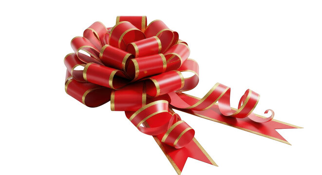 Red gift bow with gold trim and flowing ribbons isolated on a transparent background image