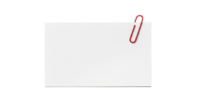 Red paperclip holding a blank white rectangular sheet of paper isolated on a transparent background image