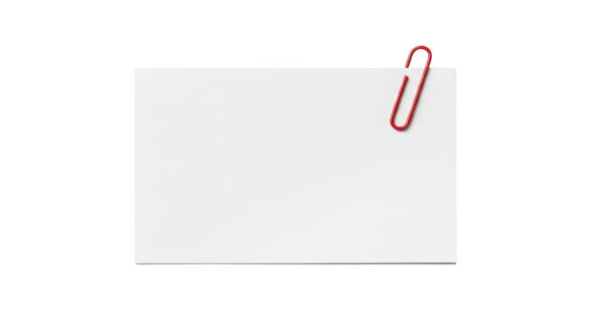 Red paperclip holding a blank white rectangular sheet of paper isolated on a transparent background image