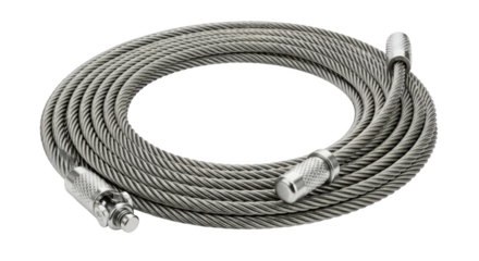 Rolled steel wire rope with textured metal handles on isolated on a transparent background cable coiled