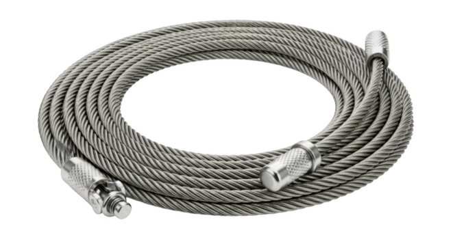 Rolled steel wire rope with textured metal handles on isolated on a transparent background cable coiled