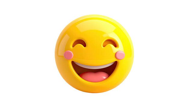 Shiny, 3D yellow emoji with wide, happy smile and rosy cheeks on black