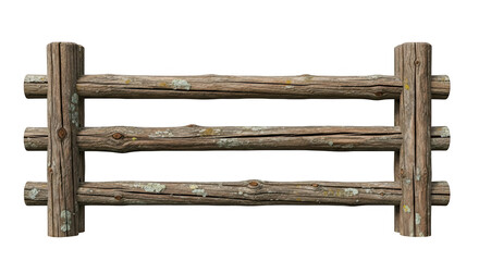 Rustic wooden log fence section with lichen and bark texture isolated on a transparent background wooden fence