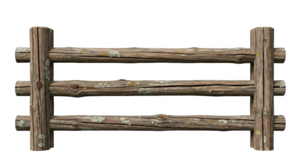 Rustic wooden log fence section with lichen and bark texture isolated on a transparent background wooden fence
