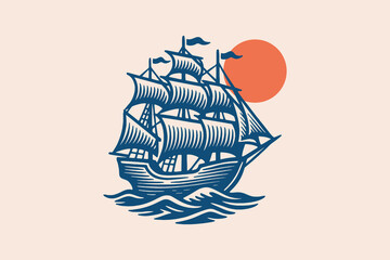 Sailing ship with sun — vintage engraving line vector © Victoria