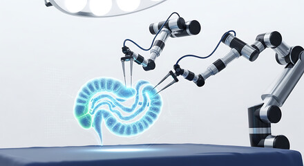 Robotic arms perform surgery on an organ, illuminated by surgical lights in a sterile environment.
