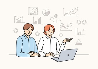 Managers analyzing data on a laptop with background graphs