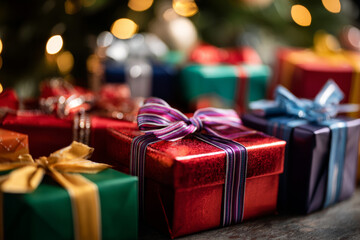 Close-up of vibrant Christmas presents wrapped in shiny paper and colorful ribbons, arranged beautifully under a festive tree, creating a joyful holiday atmosphere with bright colors and patterns
