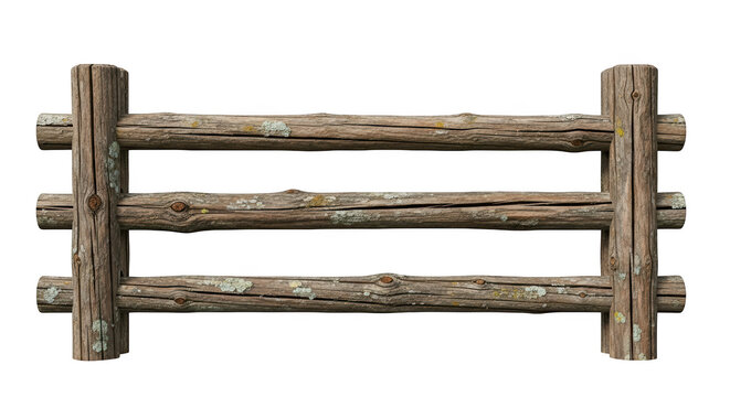 Rustic wooden log fence section with lichen and bark texture isolated on a transparent background wooden fence