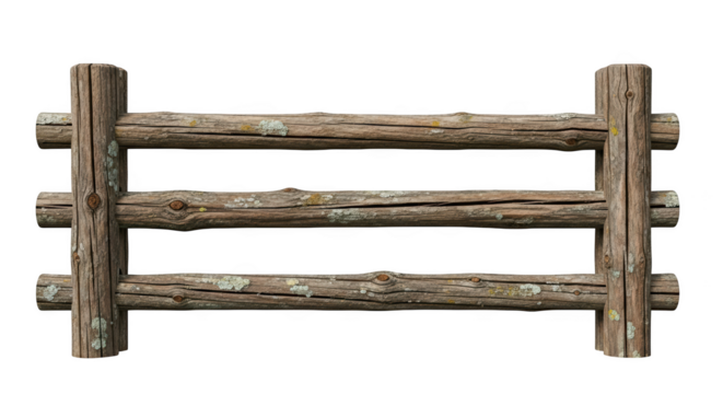 Rustic wooden log fence section with lichen and bark texture isolated on a transparent background wooden fence