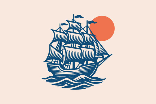 Sailing ship with sun — vintage engraving line vector - Powered by Adobe