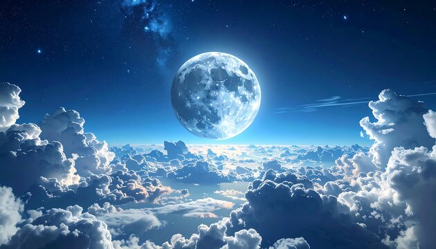 A radiant full moon shines above a sea of fluffy clouds under starry skies