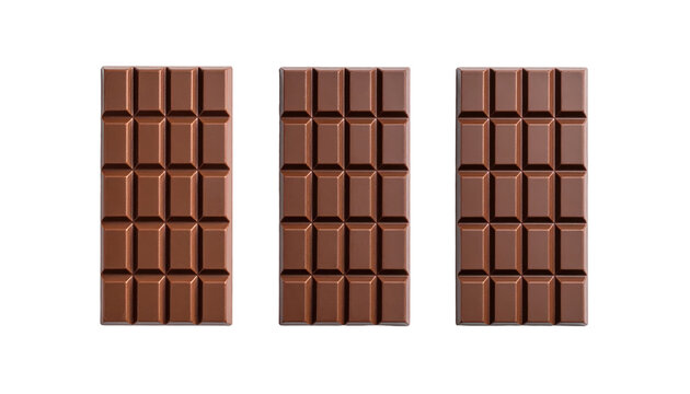 Three rectangular chocolate bars arranged on a black background. Each bar has square indentations for easy breaking