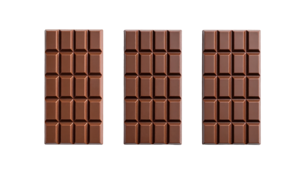 Three rectangular chocolate bars arranged on a black background. Each bar has square indentations for easy breaking