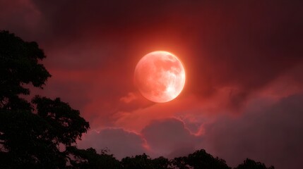 A vibrant red moon glows dramatically through dark swirling clouds in a night sky with silhouetted trees in the foreground