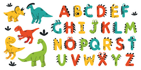 Dinosaur themed alphabet set in colorful vector style. Each letter features cute prehistoric creatures and friendly designs. Perfect for kids' education, nursery decor, and learning materials