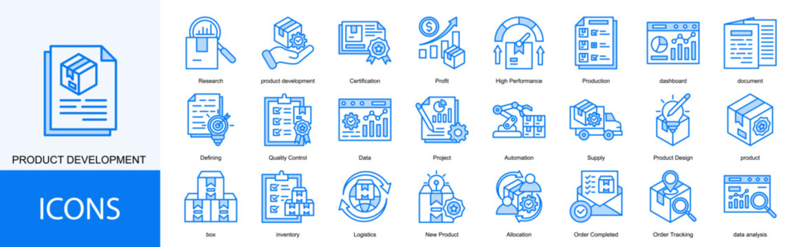 product development icon collection set. Containing Certification, Profit, High Performance, Production, dashboard, document icon