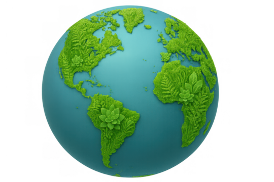 Green earth globe with lush plant continents, symbolizing environmental ecology, sustainability, and nature conservation